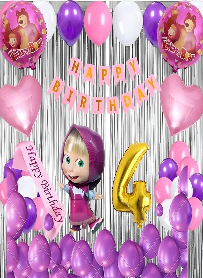 GROOVY DUDZ GROOVYDUDZ Birthday Decoration Kit for Girls - 52 Pcs | Masha Theme Party Supplies | Happy Birthday Banner, Balloons, Curtains, Foil Numbers, Masha Foil Balloon, Heart Balloons, Sash & More (3 Year) - Image 5